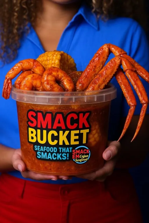 A SmackEm Seafood Smack Bucket filled with Cajun seafood