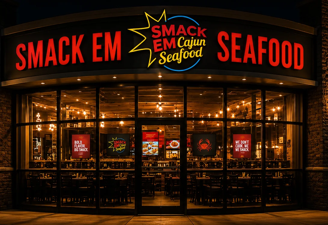 Illustrative SmackEm Cajun Seafood storefront concept at night